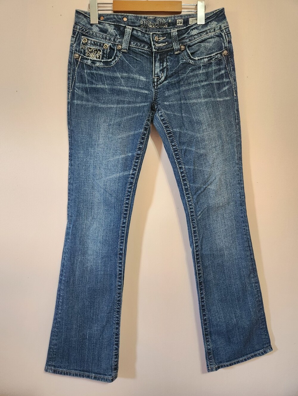 Miss Me Y2K McBling Rhinestone Lace Cross Flap Pocket Low Rise Bootcut Jeans 28